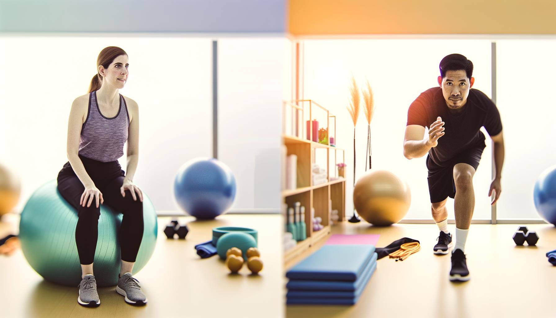 A serene gymspace indoors. One side of the image portrays a Caucasian female physiotherapist, professionally dressed in activewear, focused and attentive, guiding her client through some balance exercises. The other half of the image depicts a Hispanic male, dressed in comfortable sportswear, cautiously executing the exercise with determination and concentration. They are surrounded by typical rehab equipment, including exercise balls, resistance bands, and foam rollers, all neatly arranged. Soft naturalistic lighting filters in through a window, creating a supportive and warm environment for recovery and progress.